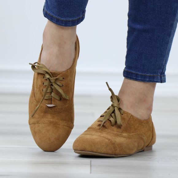 Tan Faux Suede Lace up Flat Heel Oxford Style Shoes - Picture 9 of 12